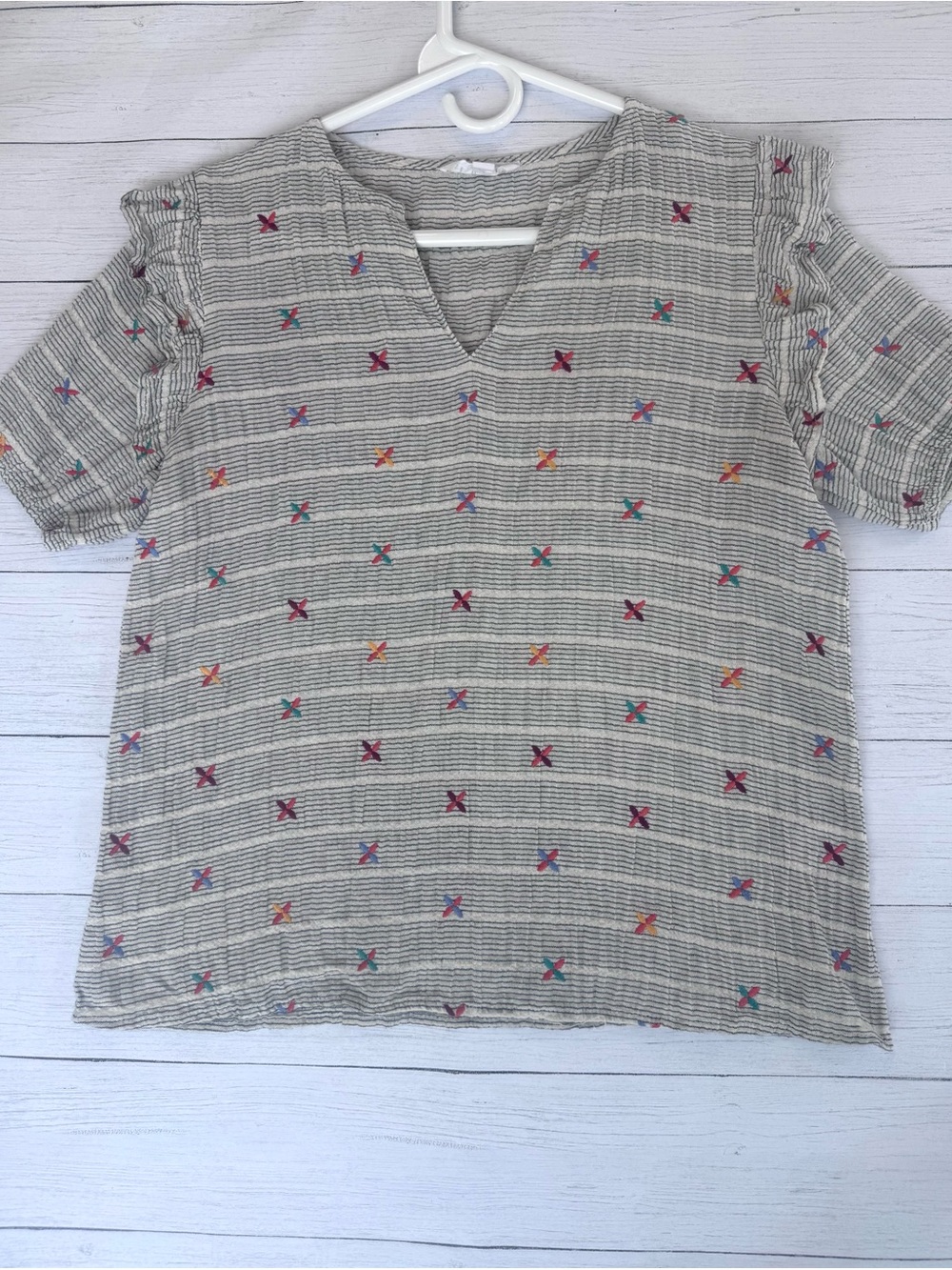 THML Size Small to Med Linen Blend Striped Embroidered Ruffle Sleeve Top Boho - Picture 2 of 11
